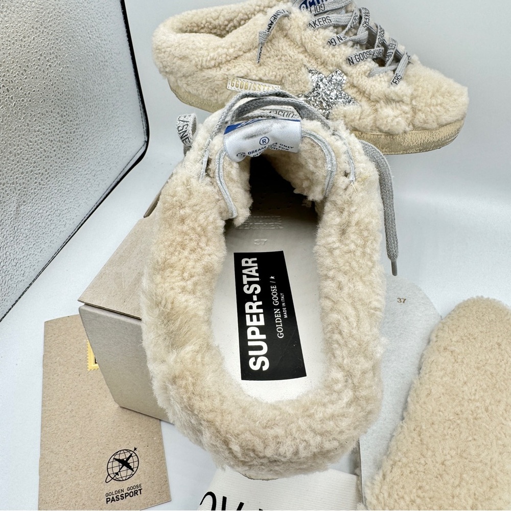 NWT Golden Goose Superstar Sabot Shearling Glitter Sneaker Mule Natural / Silver - Picture 15 of 16